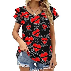 I Love Santa Xmas Casual tuniek tops ruches korte mouwen T-shirts V-hals blouse T-shirt