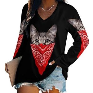 Grappige kat vrouwen casual lange mouw T-shirts V-hals gedrukte grafische blouses tee tops 2XL