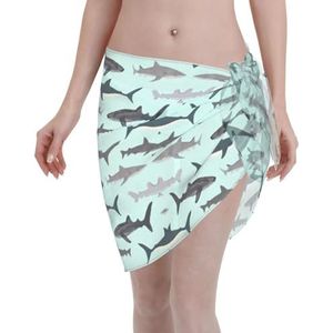 Elegante strandwikkel met haaienprint, bikini cover-up, badkleding jurk, voor vrouwen, perfect voor zwembad en resort, zwart, Zwart, one size