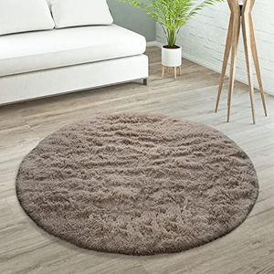 Tapijt Hoogpolig Vloerkleed Woonkamer Vacht Imitatiebont Shaggy Wollig Eenkleurig, Maat:Ø 120 cm rondje, Kleur:Taupe