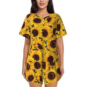 Gele zonnebloemen print dames zomer zachte tweedelige bijpassende outfits korte mouw pyjama lounge pyjama sets, Zwart, M