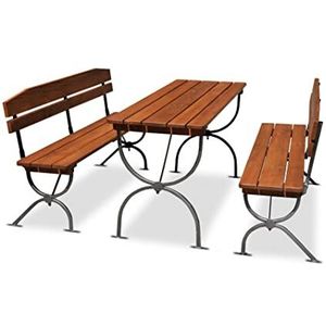 METRO Professional Biertentgarnituur, 3-delig, eettafel met zitbanken, staal/grenenhout, 60 x 180 x 79 cm, voor buiten, bruin/zilver