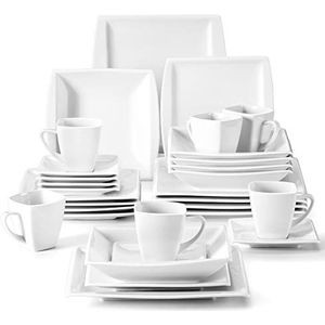 MALACASA, Series Blance, combinatieservice 30 delig. Porseleinen servies, combiservice, hoekig tafelservies met 6 koffiekopjes, 6 schotels, 6 dessertborden, 6 diepe borden en 6 platte borden CrèmeWit