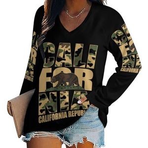 Camouflage California Repubic Damesshirt met V-hals en lange mouwen, casual losse pasvorm blouses