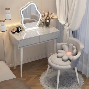EdNey Kaptafel set, voor slaapkamer kleedkamer, met 3-kleuren dimbare verlichte spiegel, met comfortabele make-up kruk, met lade (kleur: grijs, maat: L-80 cm)