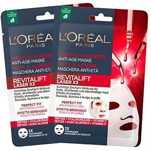 L'Oréal Paris Revitalift Laser X3 Anti-aging gezichtsmasker van drievoudige stof, verstevigt en glad de huid, bandage-effect met hyaluronzuur en peptide, 2 verpakkingen met elk 1 applicatie