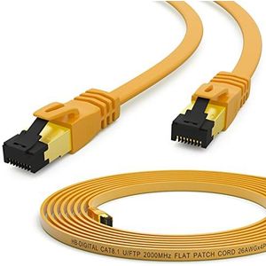 HB-DIGITAL 1m patchkabel CAT.8 LAN platte U/FTP netwerkkabel PVC 2x RJ45 stekker koper professionele slim flexibel 40 Gbits Ethernet Port 2000 MHz internetkabel PC router switch modem tv-console geel