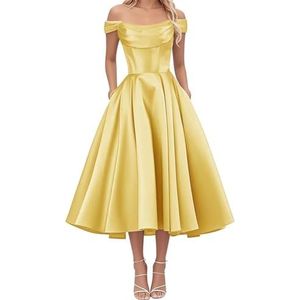 AHERKLL Thee Lengte Bruidsmeisjes Jurken voor Junioren Off Shoulder Satijn Avond Cocktail Party Maxi Jurk met Zak HAH050, Geel, 32