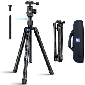 SIRUI Koolstofvezel reisstatief met E-10 360° kogelkop, 50 inch compact camerastatief AT-125, Quick Release omgekeerde opvouwbare poten, omkeerbare middenkolom, maximale belasting 16 lbs - Traveler