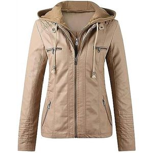 Leren Jas Dames Zwarte Jas Lente, Capuchon Imitatie Leren Jas Dames Jas Met Rits Motorjas Bikerjas Capuchon Jas Overgangsjas ， S-7XL Damesjassen(Khaki,7XL)