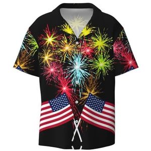TyEdee Independence Day America Flag Fireworks Print Heren Korte Mouw Jurk Shirts met Pocket Casual Button Down Shirts Zakelijk Shirt, Zwart, 4XL