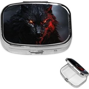 Pillendoosje Reizen Pillendoos met 2 Compartimenten Kleine Pillenetui voor Portemonnee & Pocket Draagbare Geneeskunde Organizer Grote Zwarte Wolf met Rode Ogen Leuke Ronde Pillencontainer voor