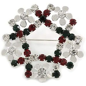 Rood/groen/wit kristallen kersthulstkrans broche in verzilverd - 3,5 cm diameter