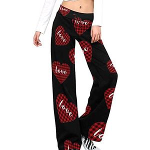 Buffalo Plaid Heart Love Damesbroek Casual Broek Elastische Taille Lounge Broek Lange Yoga Broek Rechte Pijpen