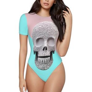 ELSMZXZD Bodysuit met korte mouwen voor dames - Mexicaanse schedel bedrukt body suit met ronde hals, rekbaar T-shirt top, casual slim fit turnpakje, 3 D, S