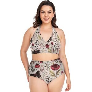 Retro Daisy Bloem Vlinder Vrouwen Bikini Sets Plus Size Badpak Twee Stukken Hoge Taille Strandkleding Meisjes Badpakken, Pop Mode, XL