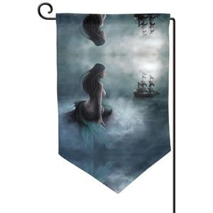 Zeemeermin meisje en zeilen op zee piraat schip seizoensgebonden tuin vlaggen dubbelzijdig 30 x 45 cm tuin vlaggen, kleine tuin vlaggen voor buiten