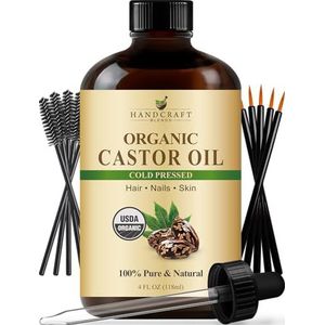 Handcraft Blends Koudgeperste biologische ricinusolie in glazen fles met wimperborstels, 118 ml, 100% puur en natuurlijk, premium dragerolie voor haargroei, wimpers en wenkbrauwen, haar en lichaam