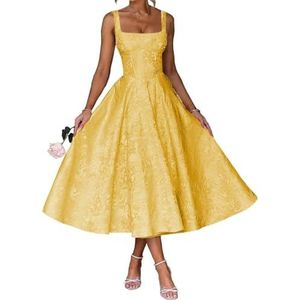 AHERKLL Spaghetti Bandjes Bruidsmeisjes Jurken Bloemen Satijn Jacquard Formele Avond Feest Maxi Jurk Thee Lengte HAH047, Goud, 32