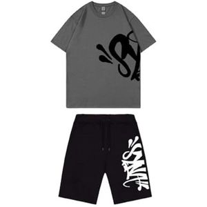 Syna World Katoenen Heren-T-shirt,Trainingsbroek,Zomer Kort T-shirt,Wit, Zwart, Grijs,casual Unisex Sweatsuit-set,2-delige Set Tops En Shorts(Color:5,Grootte:M)