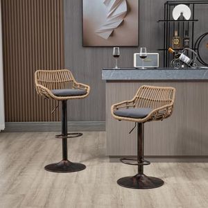 WEALTHOUSE Moderne barkruk set van 2 met armleuningen – in hoogte verstelbare rotan barstoel met 360 ° rotatie, metalen voet en gestoffeerde zitting – voor keuken, eetkamer, café, lounge & bar (grijs)