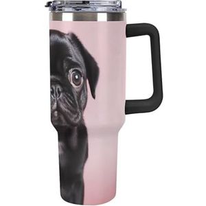 HJUQNGF 40 oz gepersonaliseerde beker met handvat en stro schattige zwarte mopshond roestvrij staal geïsoleerde bekers herbruikbare auto thermische beker reizen koffiemok voor vrouwen mannen