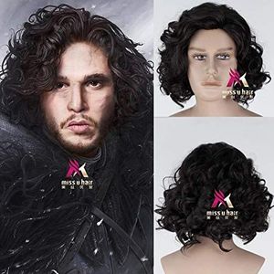 Halloween Game of Thrones Mens Jon Snow Black Wig Cosplay mens Kit Harington Role play black hair+free hair cap