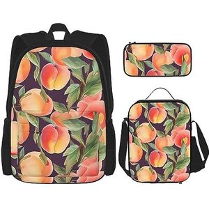 DOFFO Kleurrijke Perzik Print Rugzak Set, Reizen Laptop Rugzak Voor Vrouwen Mannen Casual Boekentas Met Lunch Tas Potlood Pouch 3 Stks, Zwart, One Size, Zwart, Eén maat