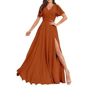 Chiffon bruidsmeisjesjurken voor dames, met split, lange baljurken, cocktailjurken, grote maten, Verbrand Oranje, 32