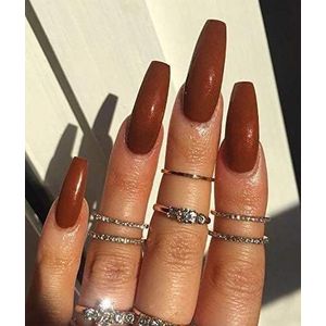 Coffin False Nails Long Fake Nails Ballerina Acrylic Press on Nails Full Cover Stick on Nails 24pcs for Women and Girls，With solid glue, nail lamp (Color : Brown, Size : Free size)