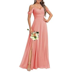 HPPEE Dames koude schouder V-hals chiffon bruidsmeisjes jurken met split geplooide formele jurk avondjurk, Koraal, 32