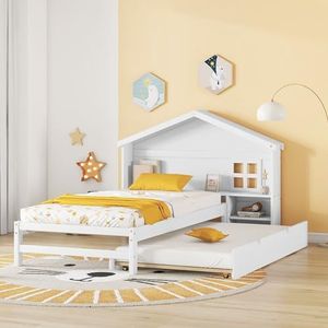 Idemon 90 x 200 cm huisvormig kinderbed, plat bed, kleine raamdecoratie, gloeilamp, massief hout (wit)