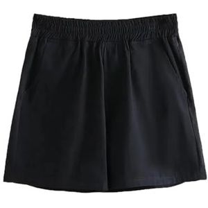 Pegsmio Vrouwen Elastische Hoge Taille Zakken Aan Beide Zijden Zomer Katoen Buitenkleding Shorts, Zwart, L