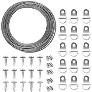 TUPARKA 2 mm x 10 m roestvrij stalen fotoophangdraad, fotokoord voor spiegelbeeld-ophangbevestigingen met 10 knijpbuizen, 15 D-ring-fotolijst-ophanghaken en schroeven (tot 30 kg)