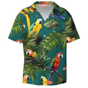 OdDdot Tropische planten en papegaaien print herenoverhemden atletisch slim fit korte mouw casual zakelijk overhemd met knopen, Zwart, XXL