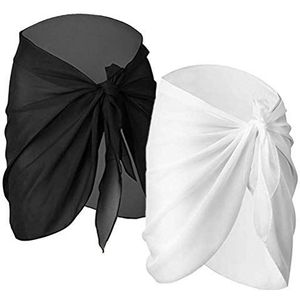 Strand Sarong Wrap Vrouwen, 2 Pack Badmode Chiffon Strand Swisuit Wrap Sarong Korte Sarong Chiffon Bikini Cover Up Badpak Wrap Jurk Rok voor Vakantie Zwemmen Zwart+Wit