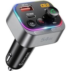 Syncwire FM Transmitter 5.4 Bluetooth adapter auto 54W PD & QC 3.0 USB C autolader [sterkere dubbele microfoons | HiFi-bastoon | snel opladen | lichtschakelaar | draadloze radio-ontvanger]