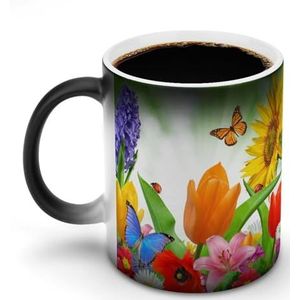 Bloemen Achtergrond met Vlinder Aanpassen Magic Warmte Veranderende Mok Keramische Cup Koffie Mokken Warmtegevoelige Grappige Gift