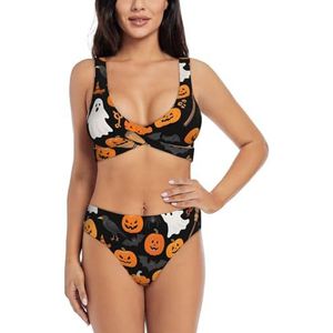 Zelinge Bikinitop met wikkelvoorkant en hoge taille onderaan, zomerzwempak met hoge taille, S-2XL, Halloween Dark Bat Pompoenen, S