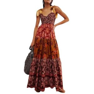 KIKIATA Dames Zomerjurken Vloeiende Gesmokte Maxi-jurk Mouwloze Tie Schouder Boho Jurken Y2K Bloemen Strand Overgooiers Kleurrijke A-lijn Lange Jurk, Donkerrood, M