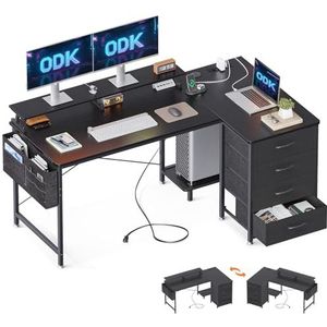 ODK Hoekbureau, L Vormig Bureau met 2 USB-laadpunten en 2 Stopcontacten, Omkeerbaar Computerbureau met 4 Laden en Schermplank Home Office (Zwart, 140x80x84.7cm)