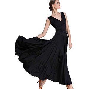 Yhsgscr Ballroom oefenjurk met V hals voor dames Mouwloze foxtrot grote swingrok Flamenco dansjurk Glad en zacht Moderne danskleding,zwart,L