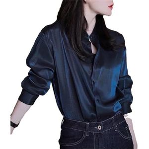 Dvbfufv Vrouwen Lente Zomer Kantoor O-hals Dunne Chiffon Blouses Vrouwen Losse All-Match Single Breasted Shirt, Donkerblauw, XS