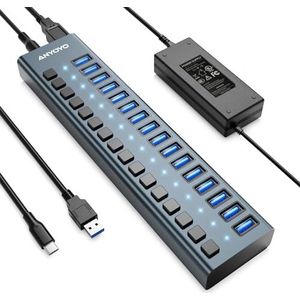 Powered USB Hub - 16 Ports 90W USB 3.0 Data Hub - with Individual ON/OFF Switches and 12V/7.5A Power Supply USB Hub 3.0 Splitter for Laptop, PC, Computer, Mobile HDD, Flash Drive and More