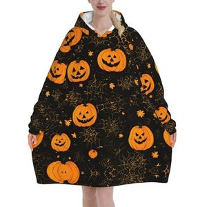 Halloween Pompoen Vrouwen Sherpa Sweatshirt Deken Verlengt Warme Gezellige Oversized Draagbare Pocket Hoodie Volwassenen