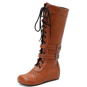 Retro Britse stijl dames vooraan veterschoenen patchwork ridder lange laarzen,Oranje,34 EU