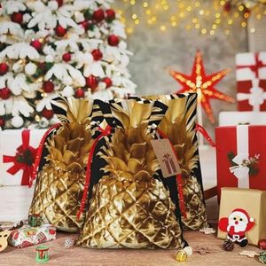 RLDOBOFE Gouden ananasprint kerstcadeauzakje kerst trekkoord tas herbruikbare geschenkverpakking goody geschenkzakken met cadeaulabel, cadeau opbergtas voor Kerstmis Thanksgiving bruiloft feest