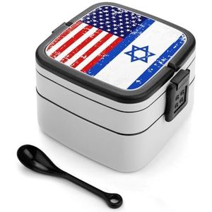 Amerikaanse Israëlische Vlag Bento Lunch Box Dubbellaags All-in-One Stapelbare Lunch Container Inclusief Lepel met Handvat