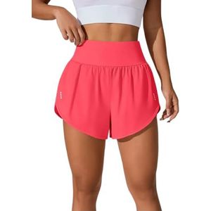 FASHION 7STAR Womens hoge taille ruches yoga shorts dames lichtgewicht rekbare atletische workout korte bodem Pack van 2, watermeloenrood, XL