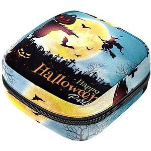 Maandverband Opbergtas, Vrouwelijke Product Pouches Draagbare Periode Kit Tas voor Meisjes Vrouwen Dames Halloween Party Maan Heks Vogelverschrikker Bat Tomb, Meerkleurig, 4.7x6.6x6.6 in/12x17x17 cm